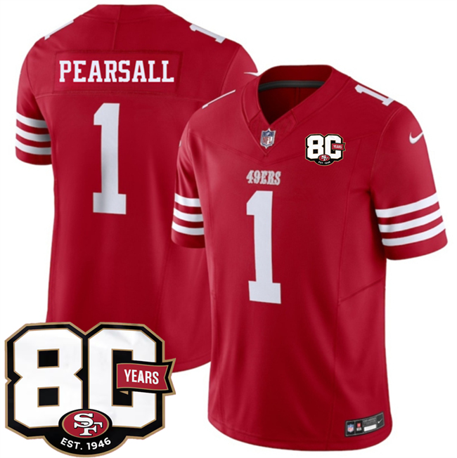 Men's Red San Francisco 49ers #1 Ricky Pearsall 80th Anniversary Patch 2026 F.U.S.E. Vapor Untouchabl2026 F.U.S.E. Vapor Untouchable Limited Stitched Football Jersey